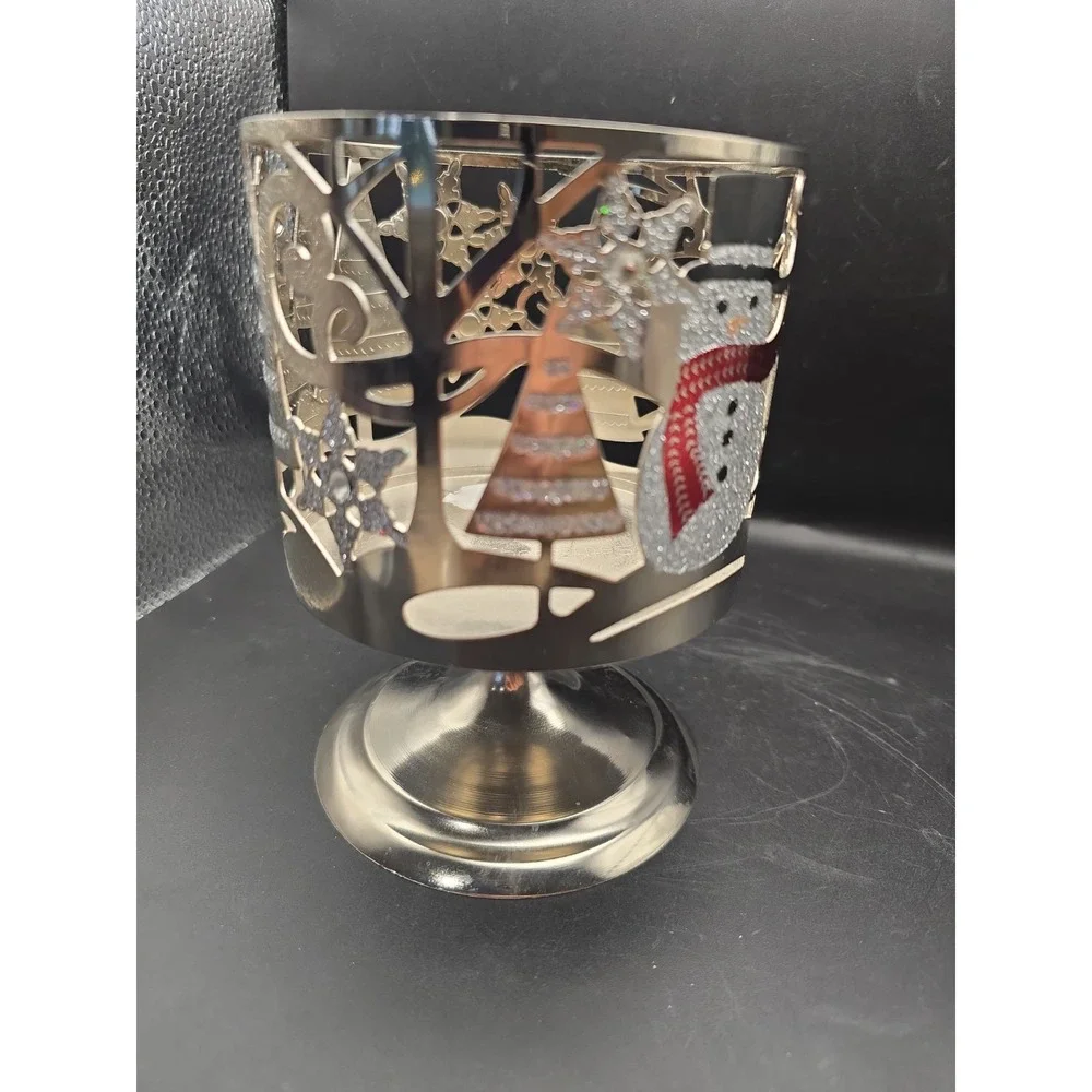 Bath & Body Works Christmas Holiday Glitter Snowman Metal Pedestal Candle Holder
